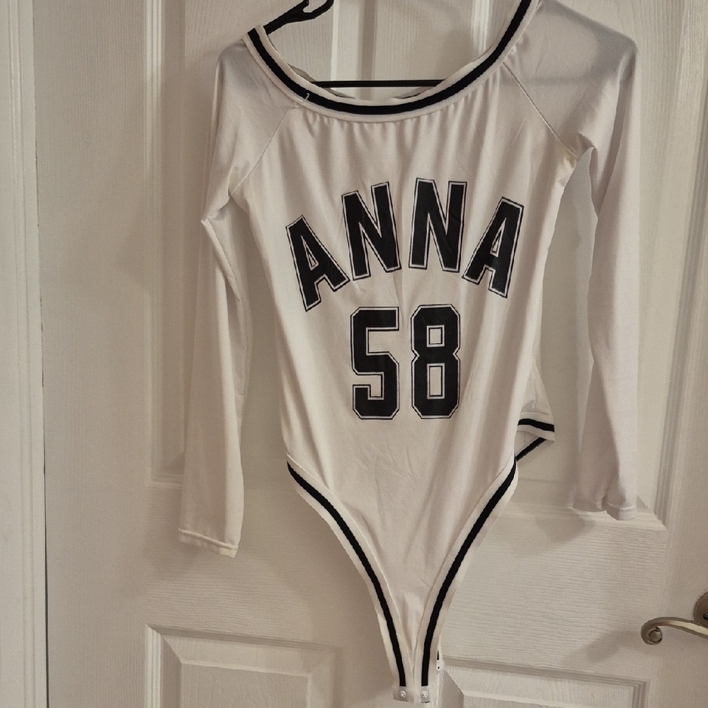 White Long Sleeve Bodysuit with Black Trim